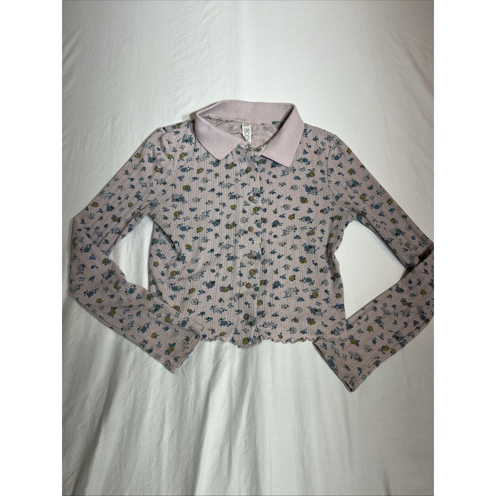 Cotton On Floral Pink Button Up Long Sleeve Crop Top Y2K